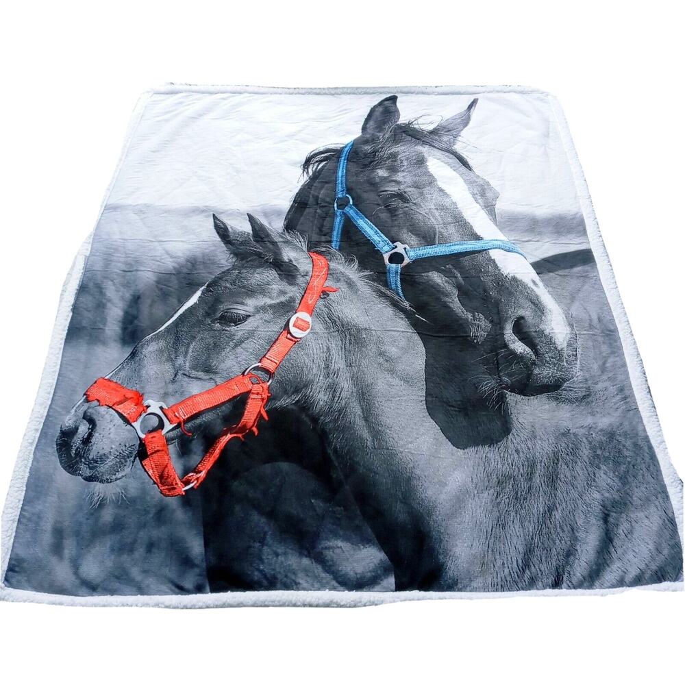 Horse Print Throw Blanket Black White Equestrian Afghan 44x60 Lifelike Horses
